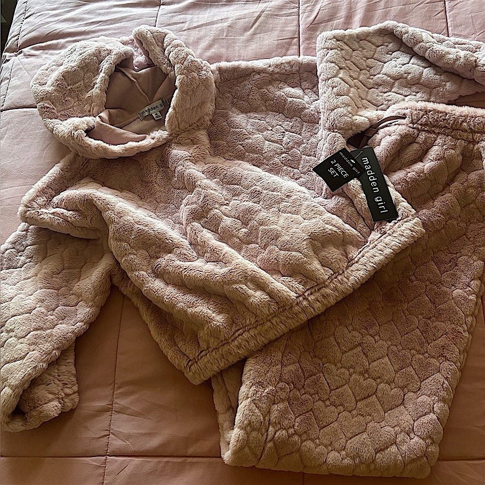 Pink Faux Fur Hoodie and Pants Set of 2